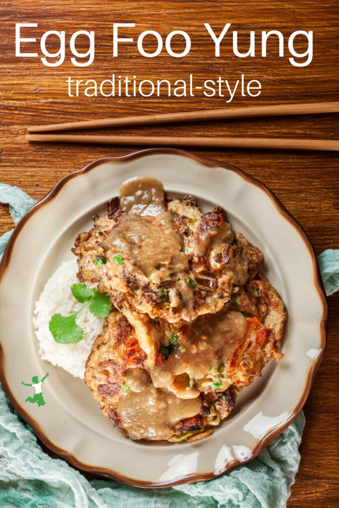 egg foo yung patties with white rice on dinner plate