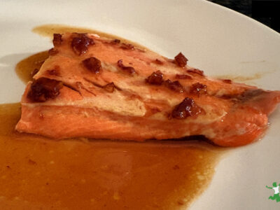 honey-glazed salmon on white plate