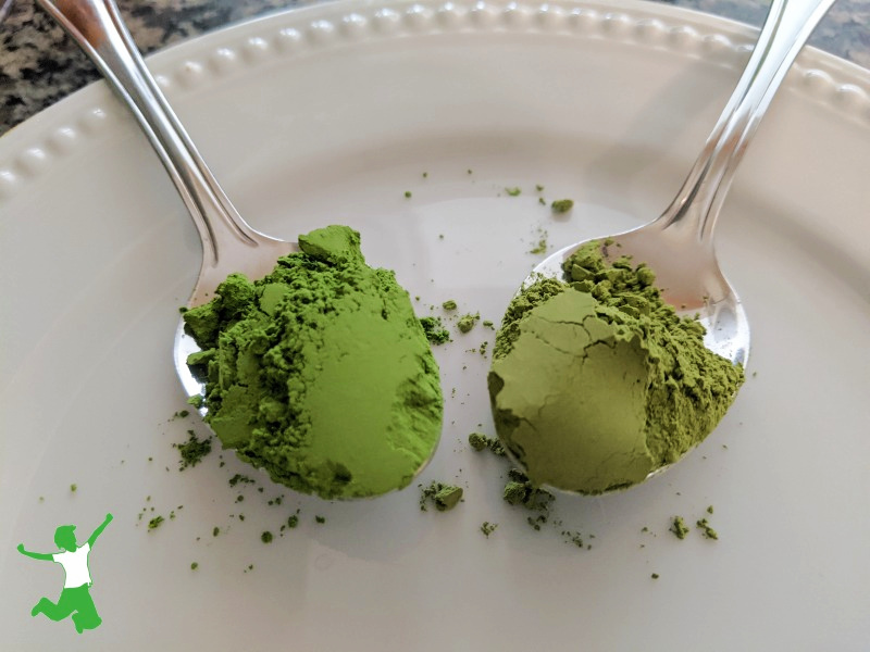 spoonfuls of real matcha and decaf green tea powder on white plate